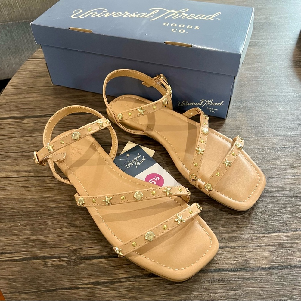 Universal Thread Tan Embellished Seashell Sandals with Ankle Strap